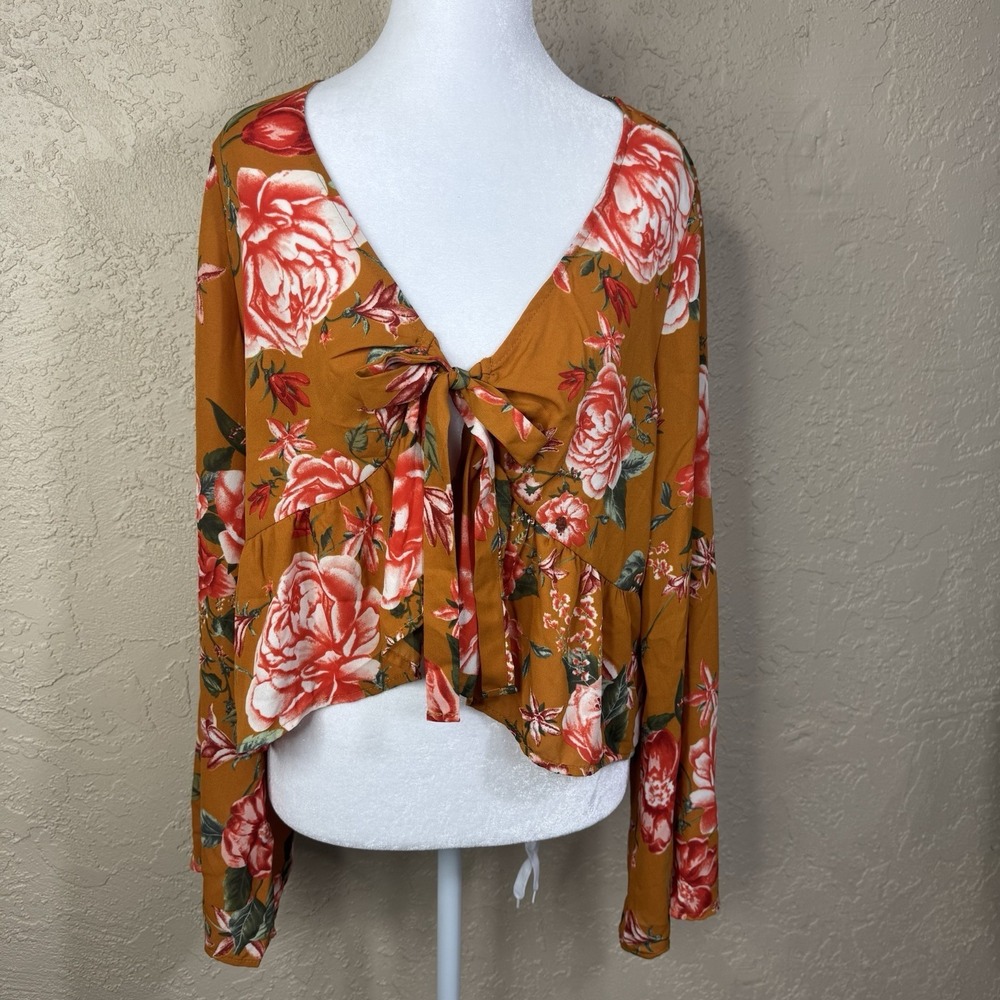 Paris To Lena Boho Fairy Blouse Bell Sleeves Womens Lg Rust Floral Tie-Front USA